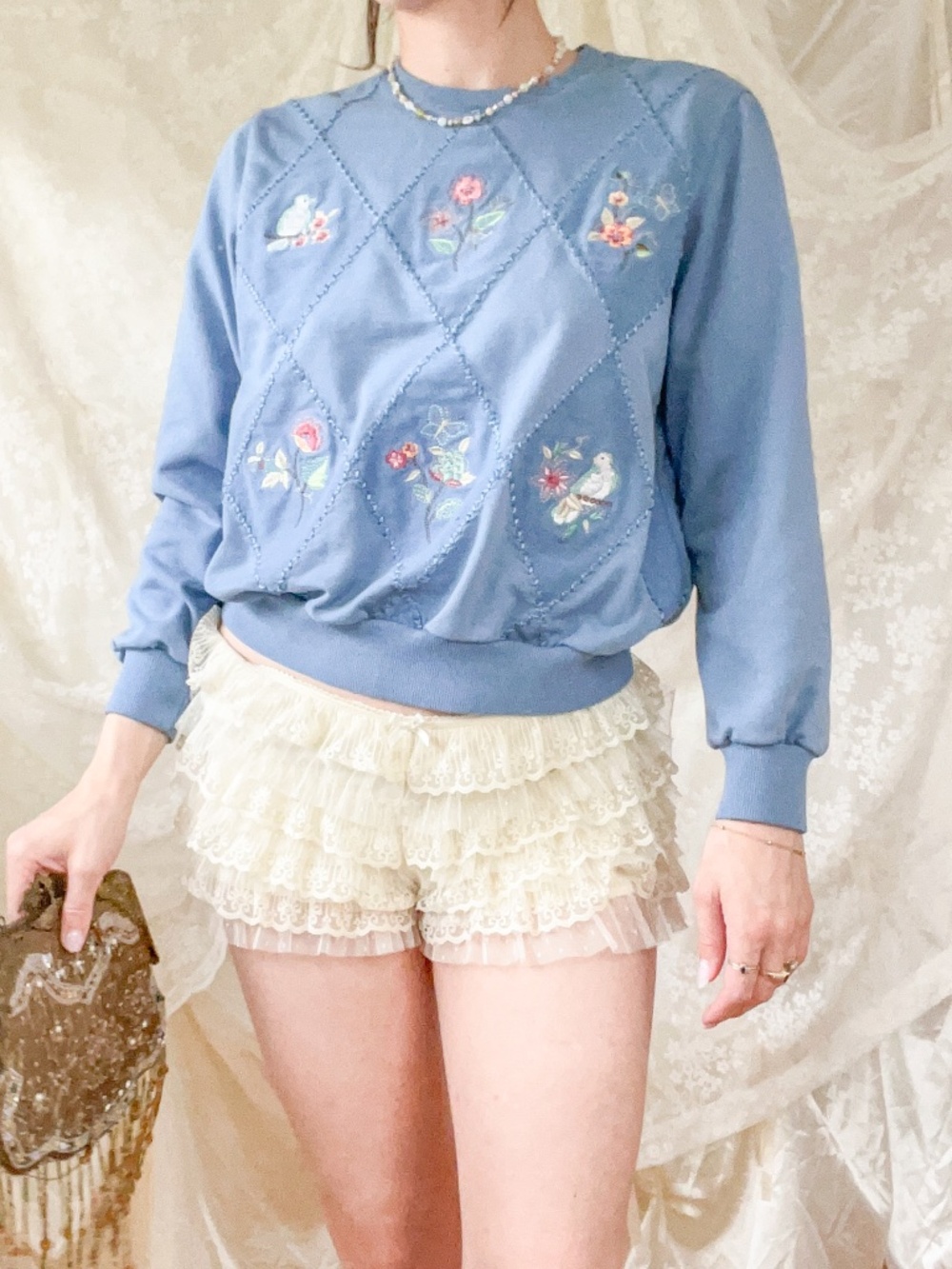 Vintage Alfred Dunner Blue Embroidered Bird Floral Sweatshirt